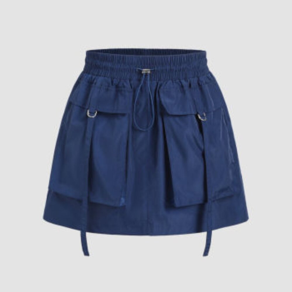 NWT Cider Solid Cargo Pocket Drawstring Mini Skirt in Navy Blue